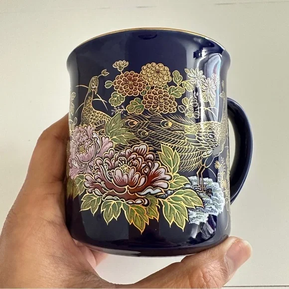 Vintage MCI Japan Cobalt Blue Peacock Floral Gold Print Coffee Mug 1 Pc - Picture 9 of 9